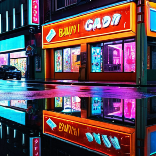 **Neon Reflections:** Neon signs reflected on a wet city street after a rain, vibrant colors like watercolor, captured with a photographer's eye for fleeting beauty.