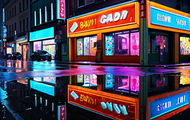 **Neon Reflections:** Neon signs reflected on a wet city street after a rain, vibrant colors like watercolor, captured with a photographer's eye for fleeting beauty.