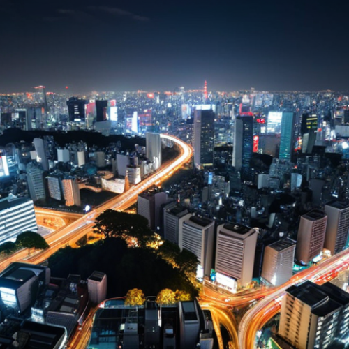**

Drone nightscape photography, cityscape panorama from high altitude, Tokyo (or relevant Japanese city) skyline, vibrant lights, long exposure, smooth motion blur of traffic, RAW capture, slight HDR effect, emphasizing the contrast between light and shadow, stable flight, focus on composition (lines, angles).

**
