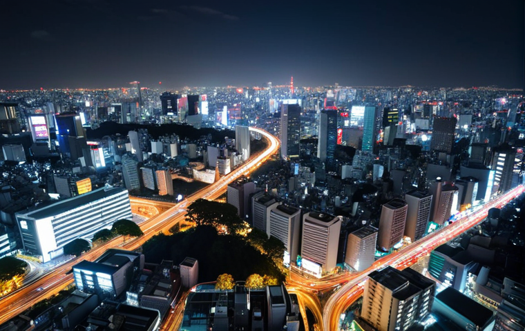 **

Drone nightscape photography, cityscape panorama from high altitude, Tokyo (or relevant Japanese city) skyline, vibrant lights, long exposure, smooth motion blur of traffic, RAW capture, slight HDR effect, emphasizing the contrast between light and shadow, stable flight, focus on composition (lines, angles).

**