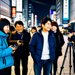 Skill-Up Event Scene**

A group of photography enthusiasts, fully clothed and in appropriate attire, gathered around a professional photographer in a vibrant Tokyo cityscape at night, learning about camera settings. The scene includes various camera equipment like tripods. The atmosphere is friendly and educational. Safe for work, family-friendly, perfect anatomy, correct proportions, well-formed hands, professional photography, high quality, modest.

**