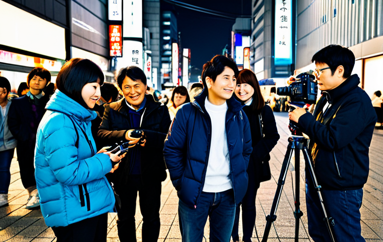 Skill-Up Event Scene**

A group of photography enthusiasts, fully clothed and in appropriate attire, gathered around a professional photographer in a vibrant Tokyo cityscape at night, learning about camera settings. The scene includes various camera equipment like tripods. The atmosphere is friendly and educational. Safe for work, family-friendly, perfect anatomy, correct proportions, well-formed hands, professional photography, high quality, modest.

**