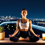 **

"A calm woman in modest yoga attire meditates peacefully on a balcony overlooking a glittering city nightscape. Fully clothed, appropriate attire, safe for work, perfect anatomy, natural proportions, professional photography, high quality. She is surrounded by soft lighting and aromatherapy diffusers, creating a serene atmosphere. Family-friendly, professional."

**