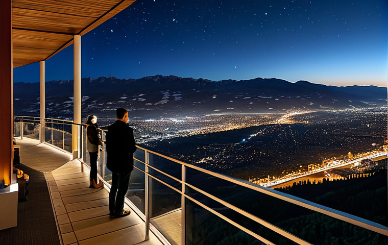 Panoramic Night View**

"A breathtaking panoramic view from a high-altitude resort at night, featuring a starlit sky and city lights below, fully clothed people gazing at the view, safe for work, appropriate content, perfect anatomy, natural proportions, professional photography, high quality, family-friendly."

**