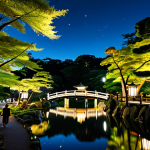 야경 속 도심의 숨은 명소 - **Japanese Garden at Night:** A tranquil Japanese garden at night, with illuminated trees and stone ...
