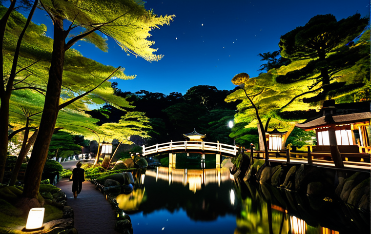 야경 속 도심의 숨은 명소 - **Japanese Garden at Night:** A tranquil Japanese garden at night, with illuminated trees and stone ...
