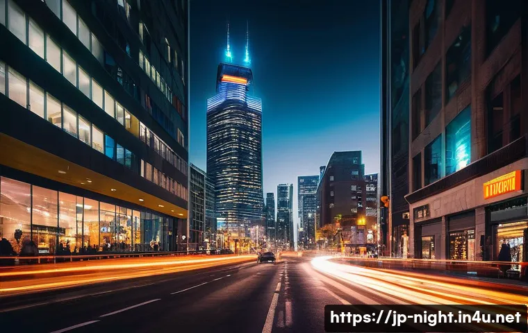 야경과 빛 번짐 현상 - A vibrant urban nightscape, emphasizing the artistic effect of lens flare. The scene features illumi...