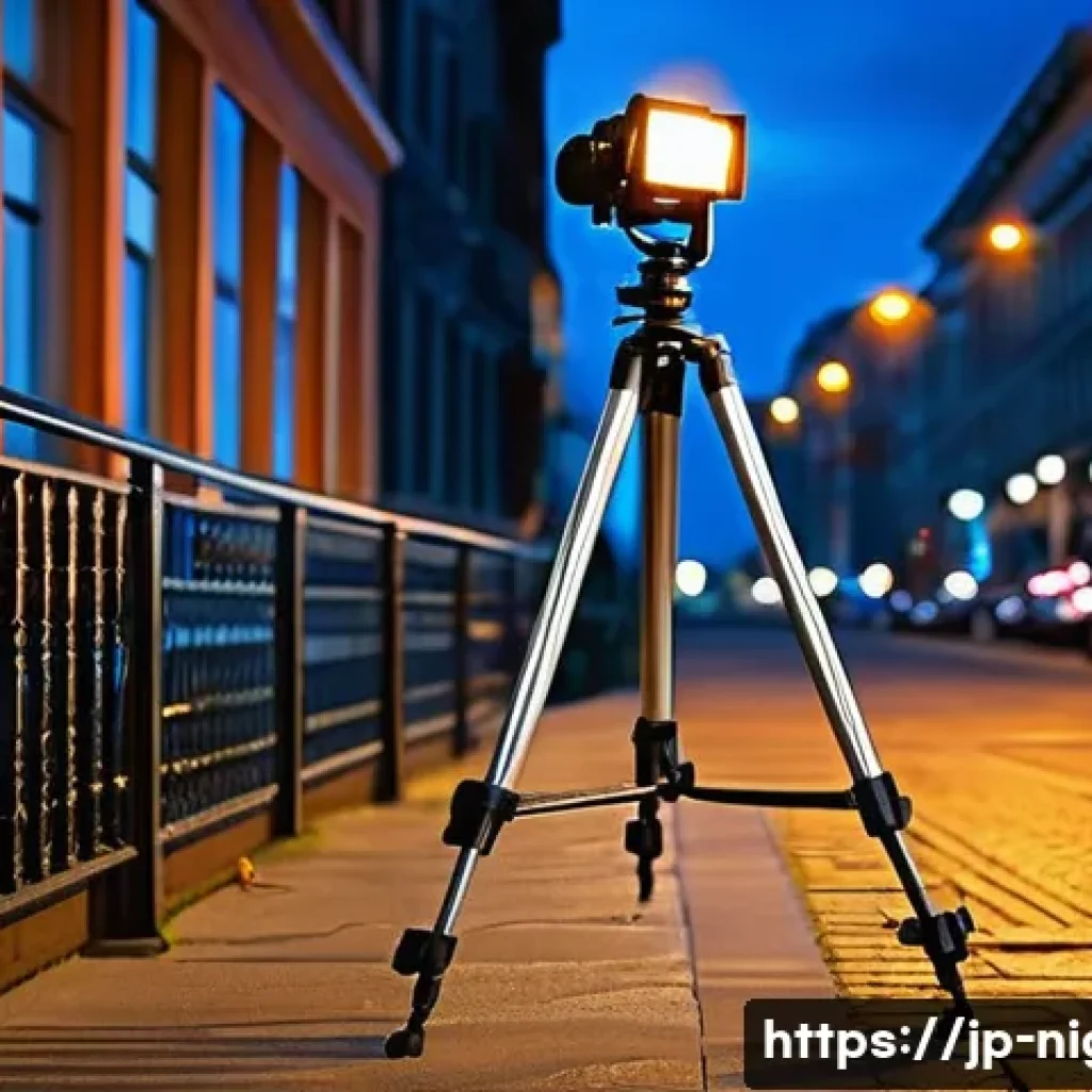 야경을 찍을 때 필요한 액세서리 - A professional nighttime urban photography scene featuring a sturdy, heavy-duty tripod with adjustab...