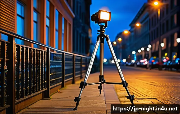 야경을 찍을 때 필요한 액세서리 - A professional nighttime urban photography scene featuring a sturdy, heavy-duty tripod with adjustab...