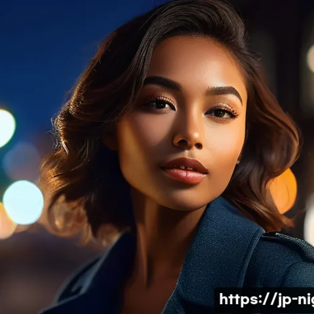야경 인물 촬영 팁 - A stylish young woman posing gracefully at night in an urban setting, wearing tasteful and elegant c...
