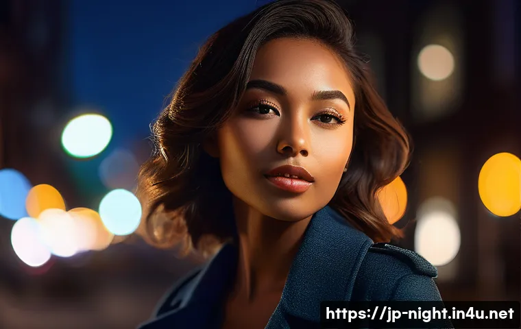 야경 인물 촬영 팁 - A stylish young woman posing gracefully at night in an urban setting, wearing tasteful and elegant c...