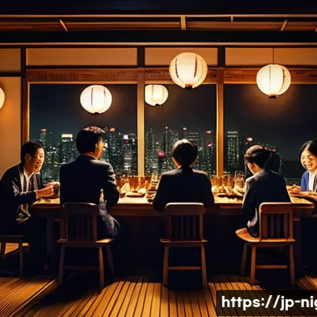야경 속 사람들의 삶 - A cozy Japanese izakaya interior at night filled with salarymen and office ladies relaxing after wor...