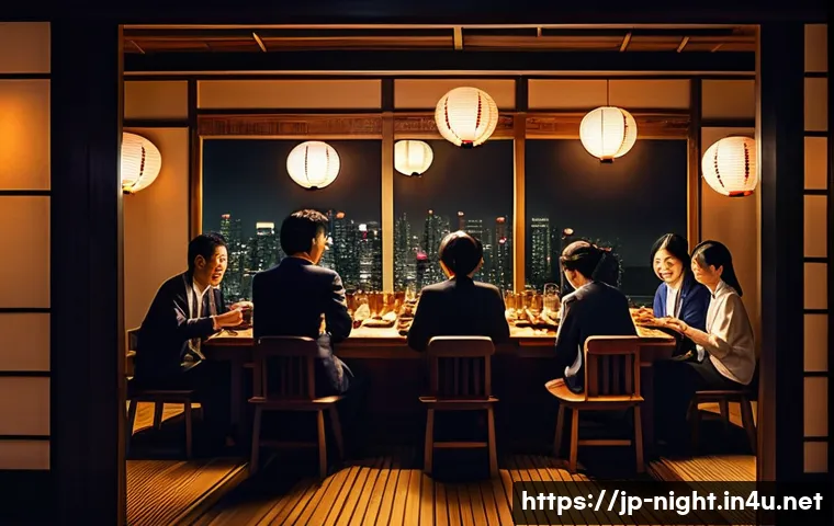 야경 속 사람들의 삶 - A cozy Japanese izakaya interior at night filled with salarymen and office ladies relaxing after wor...
