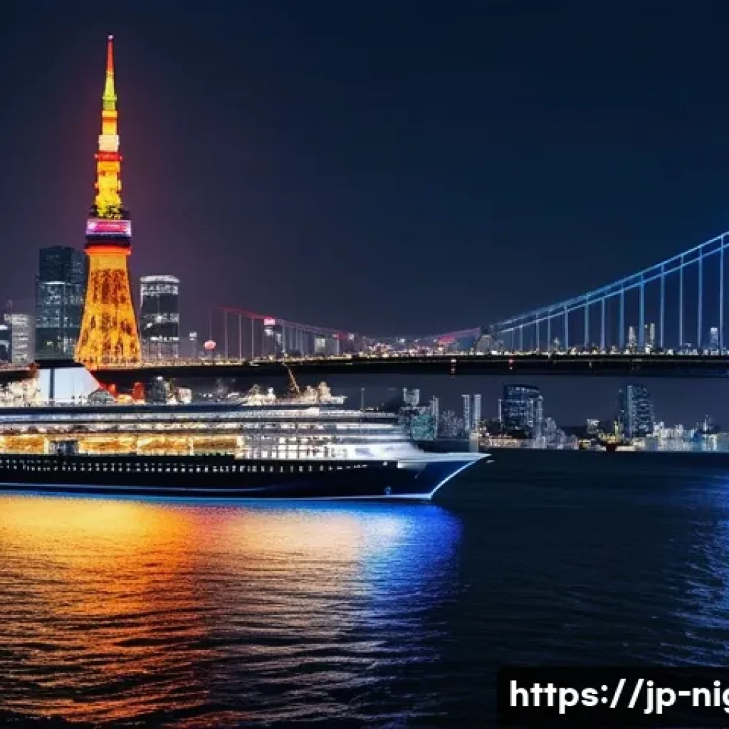 유람선에서 본 야경 - A luxurious night cruise ship gliding smoothly over shimmering Tokyo Bay waters, illuminated by the ...