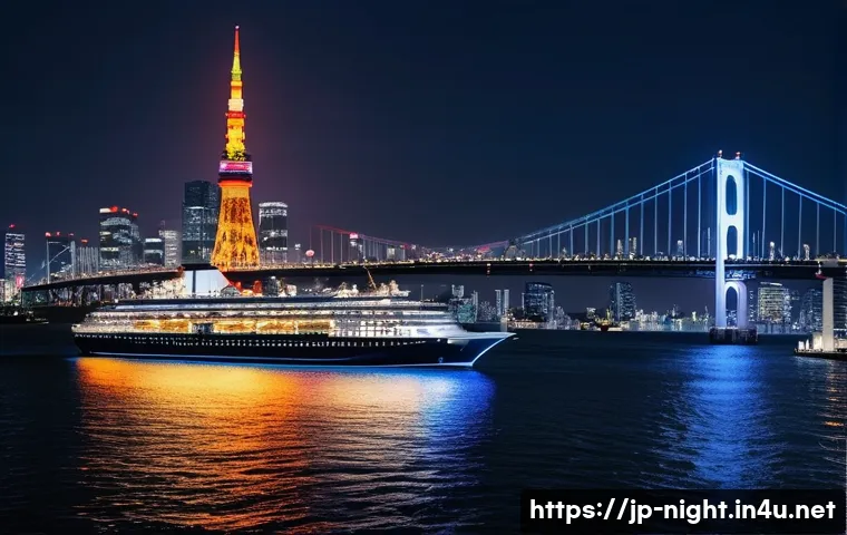 유람선에서 본 야경 - A luxurious night cruise ship gliding smoothly over shimmering Tokyo Bay waters, illuminated by the ...