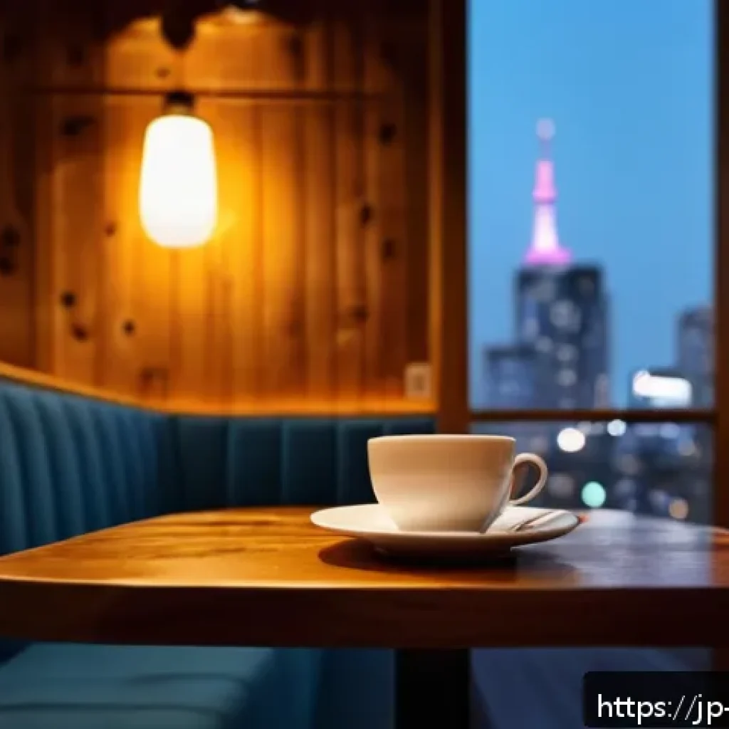 야경을 감상할 수 있는 카페 - A cozy Tokyo night cafe interior with warm amber indirect lighting softly illuminating wooden walls,...