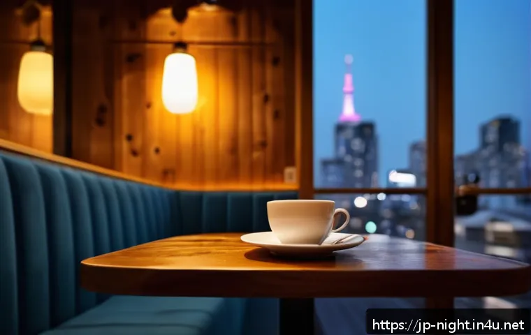 야경을 감상할 수 있는 카페 - A cozy Tokyo night cafe interior with warm amber indirect lighting softly illuminating wooden walls,...
