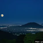 야경과 달빛 촬영 - A serene night landscape featuring a softly glowing full moon illuminating a quiet suburban park, wi...