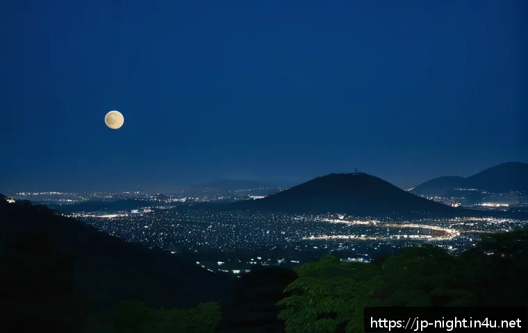 야경과 달빛 촬영 - A serene night landscape featuring a softly glowing full moon illuminating a quiet suburban park, wi...