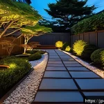 야경 속 야외 조명 디자인 - A serene Japanese-style garden at dusk illuminated by soft, warm 2700K LED lighting; large central s...