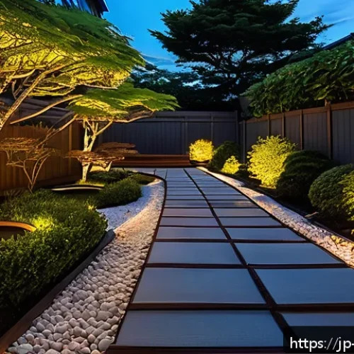 야경 속 야외 조명 디자인 - A serene Japanese-style garden at dusk illuminated by soft, warm 2700K LED lighting; large central s...