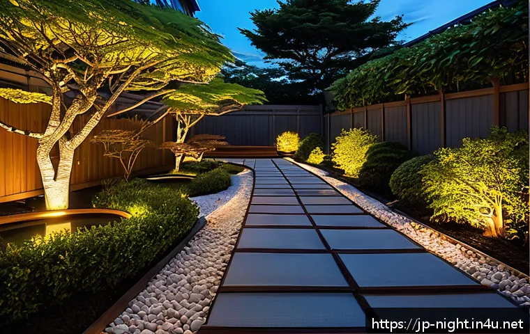 야경 속 야외 조명 디자인 - A serene Japanese-style garden at dusk illuminated by soft, warm 2700K LED lighting; large central s...