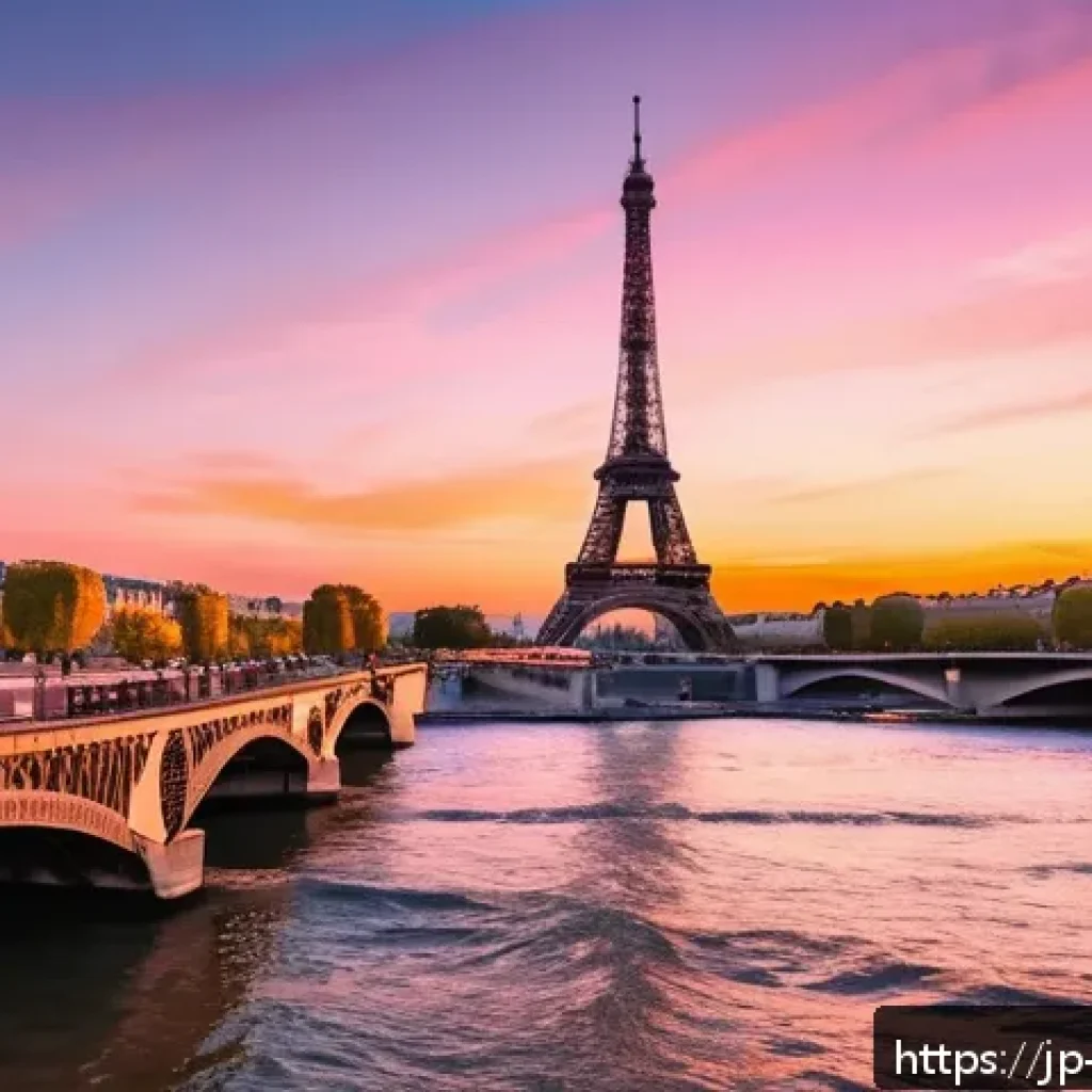 파리 에펠탑 야경 - A stunning evening scene of the Eiffel Tower at sunset, capturing the silhouette of the tower agains...