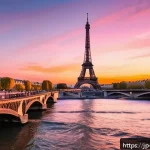 파리 에펠탑 야경 - A stunning evening scene of the Eiffel Tower at sunset, capturing the silhouette of the tower agains...