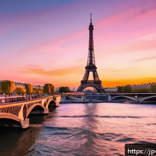 파리 에펠탑 야경 - A stunning evening scene of the Eiffel Tower at sunset, capturing the silhouette of the tower agains...