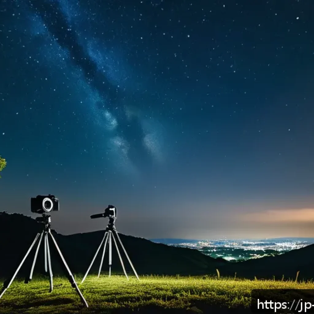 밤하늘 별자리 촬영 - A peaceful night scene featuring a lightweight mirrorless camera mounted on a sturdy tripod in a qui...