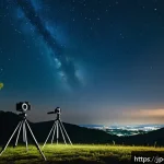 밤하늘 별자리 촬영 - A peaceful night scene featuring a lightweight mirrorless camera mounted on a sturdy tripod in a qui...