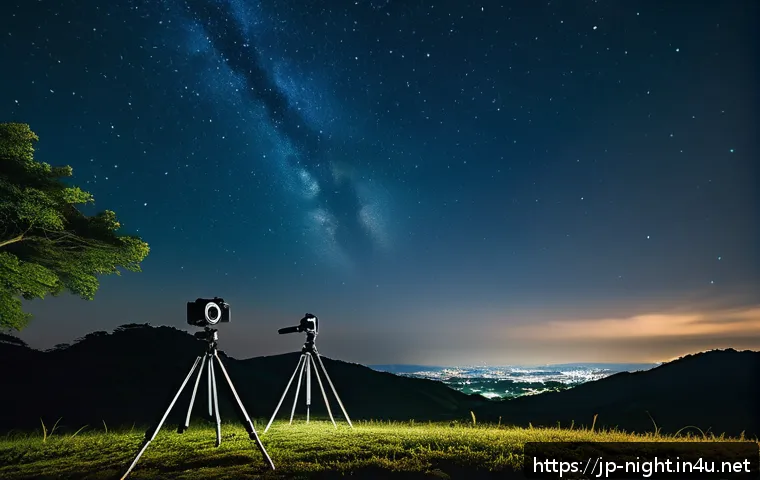 밤하늘 별자리 촬영 - A peaceful night scene featuring a lightweight mirrorless camera mounted on a sturdy tripod in a qui...