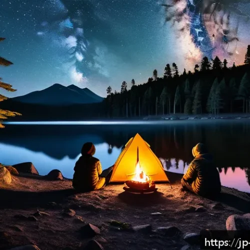 캠핑장에서 보는 야경 - A serene lakeside night camping scene under a crystal-clear starry sky, featuring a calm water surfa...