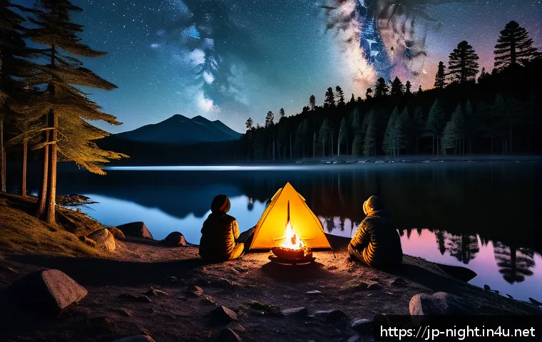 캠핑장에서 보는 야경 - A serene lakeside night camping scene under a crystal-clear starry sky, featuring a calm water surfa...
