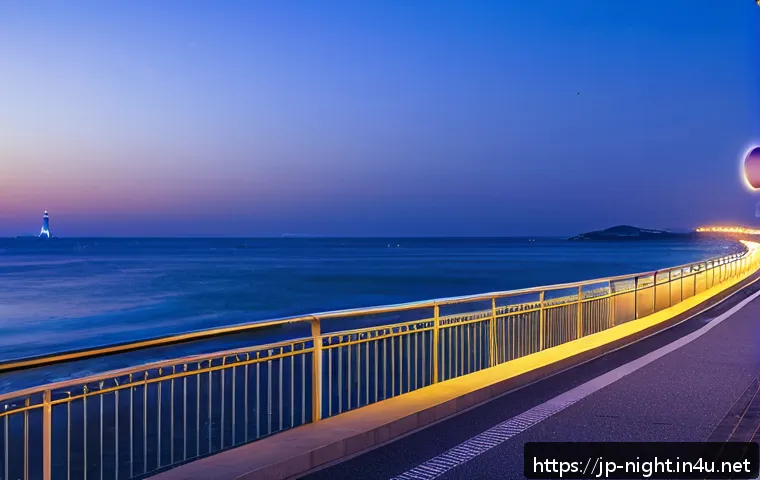 강릉 정동진 야경 - A serene night scene of Gangneung coastal promenade illuminated by gentle warm lights along the walk...