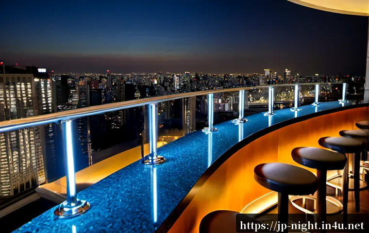 야경이 멋진 호텔 루프탑 바 - Photorealistic luxury hotel rooftop bar at blue hour, panoramic Tokyo-inspired skyline with glowing ...
